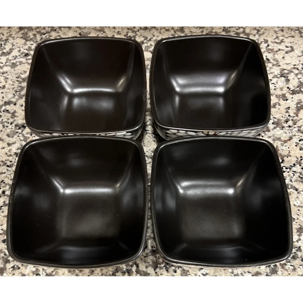 Set Of 4 Parker‎ & Jane Chrysanthemum Square Bowls Black White Mum Flower
